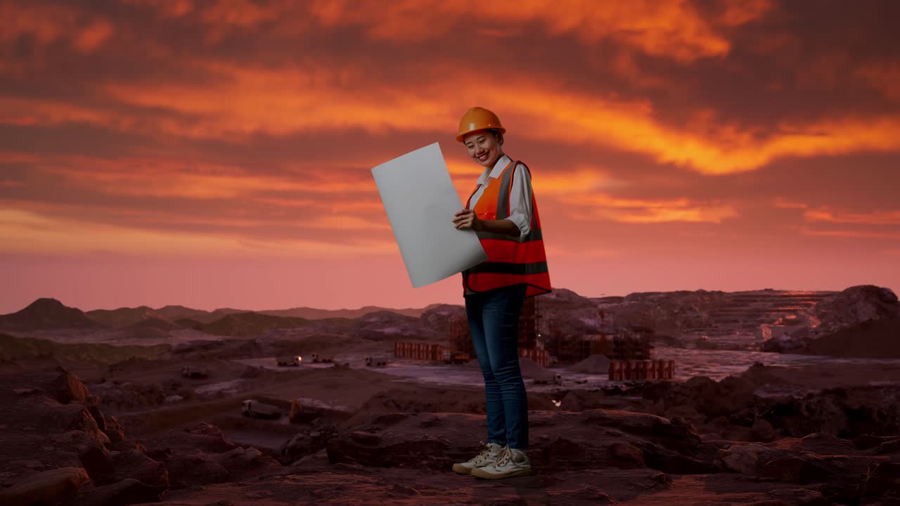 ingeniera revisando los planos al atardecer de la cantera