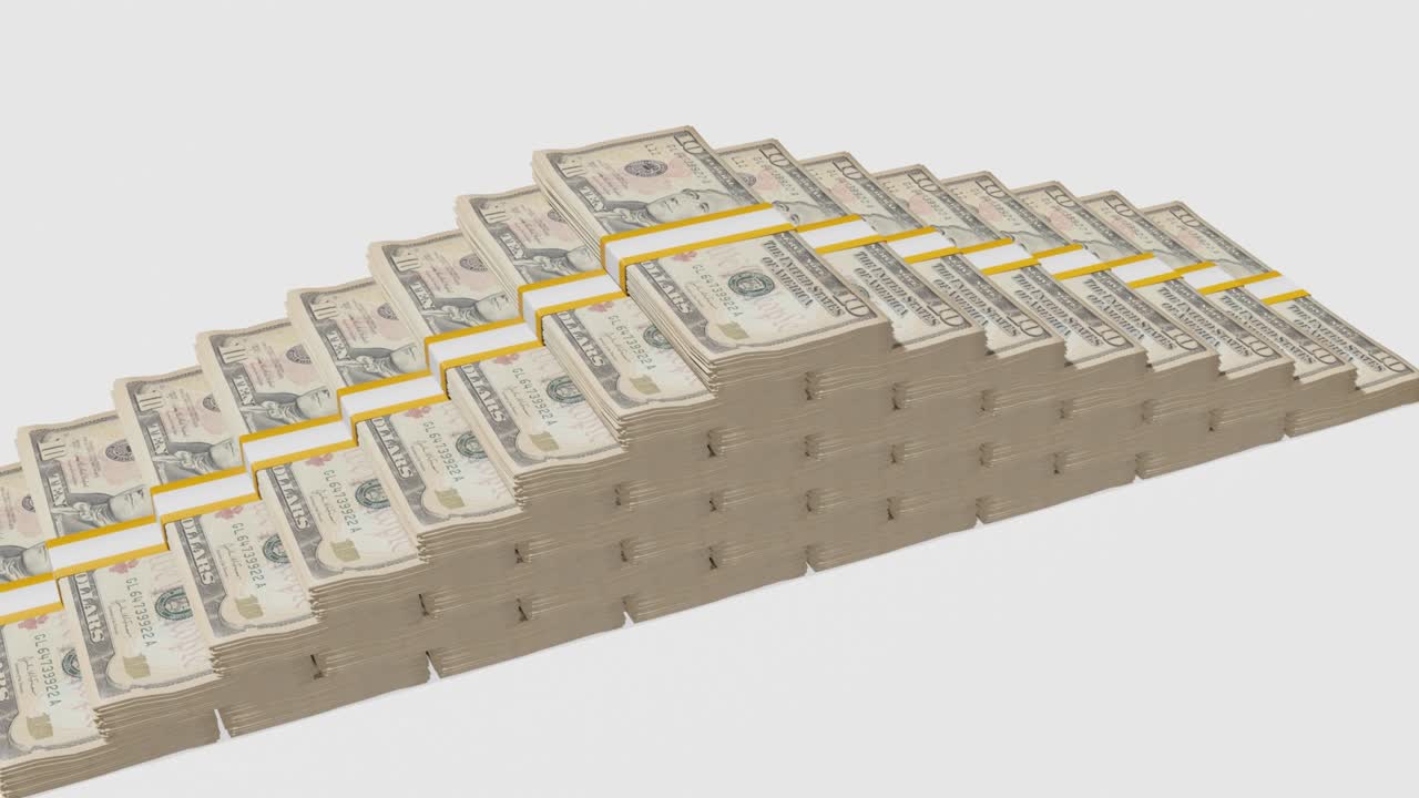 Many wads of money. 10 US dollar banknotes. Stacks of money.