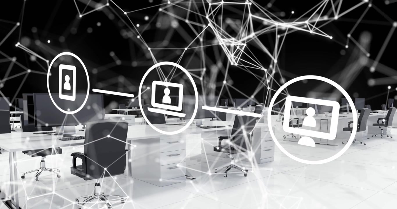 Animation of connections and technology icons over office on black background