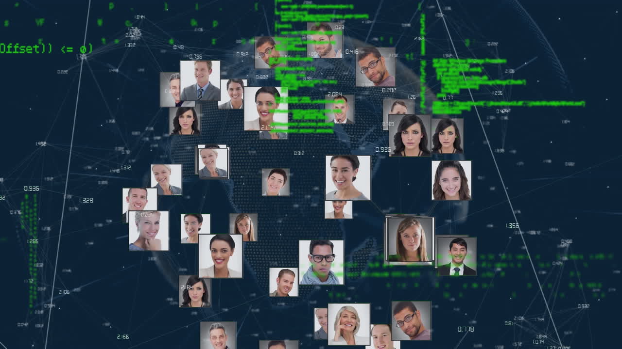Microprocessor connections over globe of business profile icons and data processing