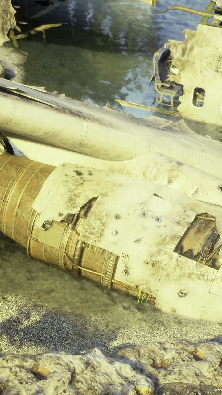 Abandoned underwater vehicle rests on ocean floor near rocky shore