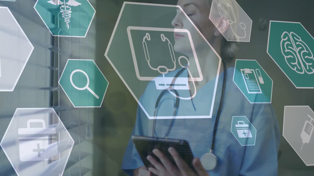 animación del icono en hexágonos sobre el hombre usando auriculares vr, médico caucásico mirando a través de la ventana