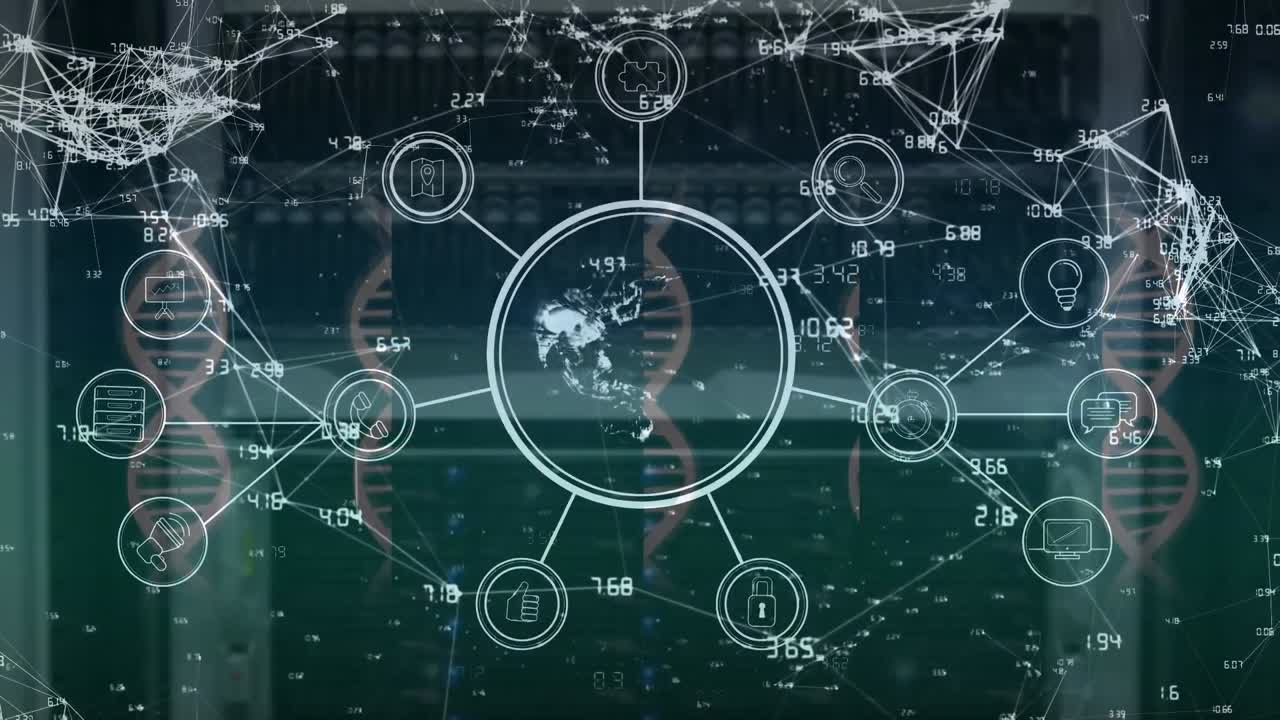 dna 가닥 위에 아이콘으로 연결된 네트워크의 애니메이션