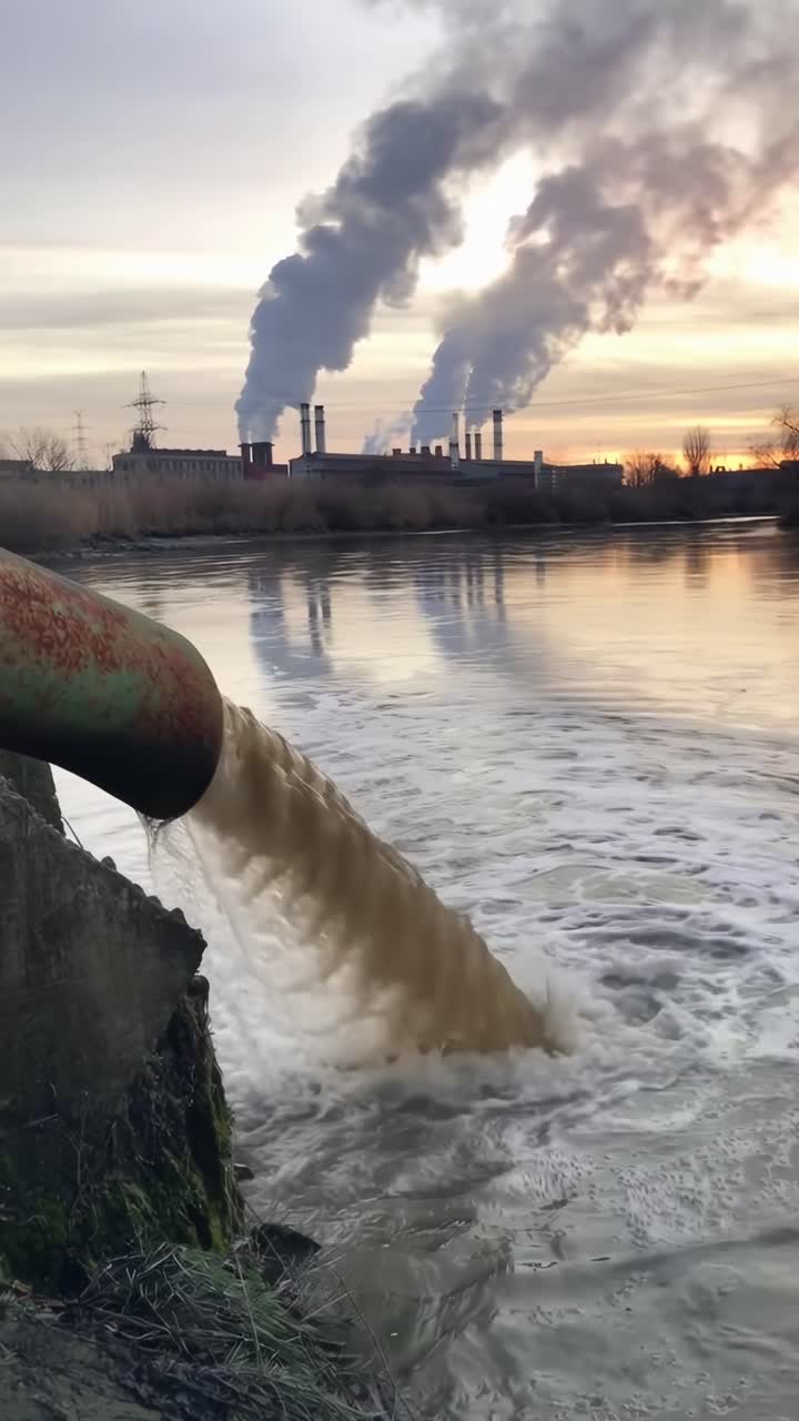 Low-angle video shot of industrial pollution, showing smoke stacks and water discharge at sunset