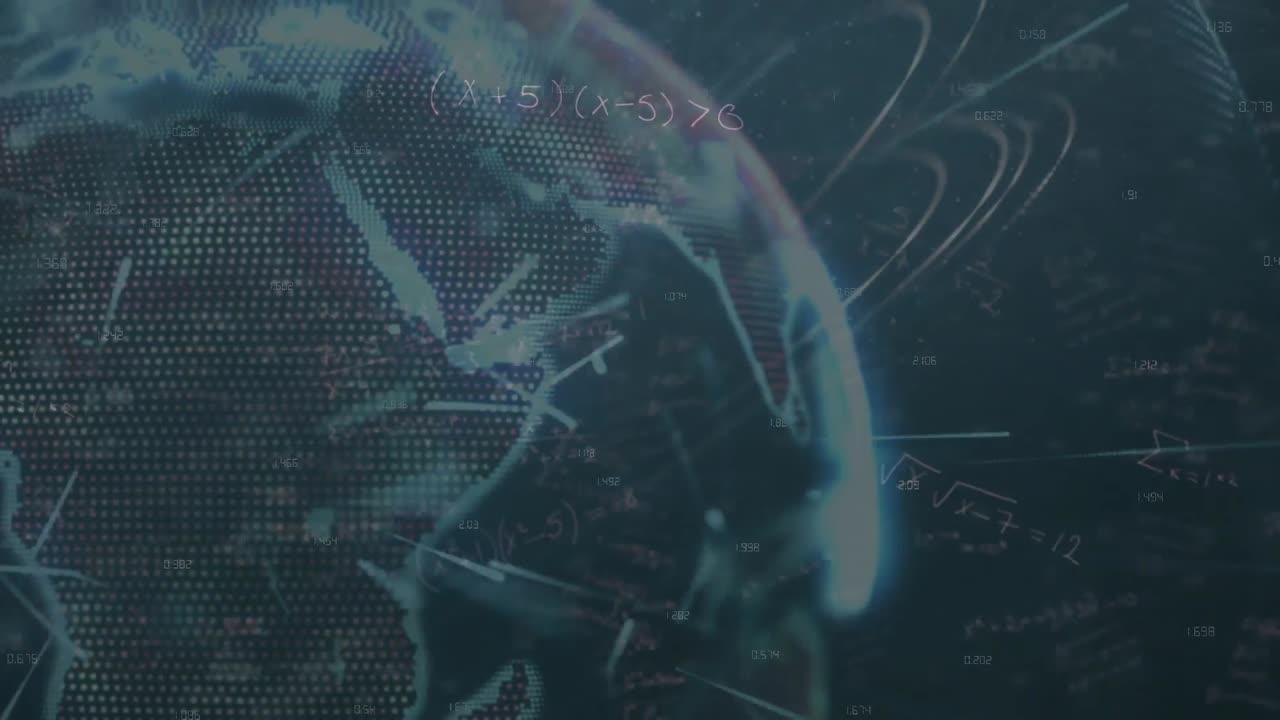 Animation of globe, lines and math formulas on navy background