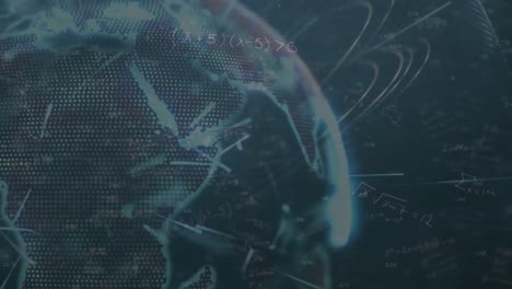 animation of globe, lines and math formulas on navy background