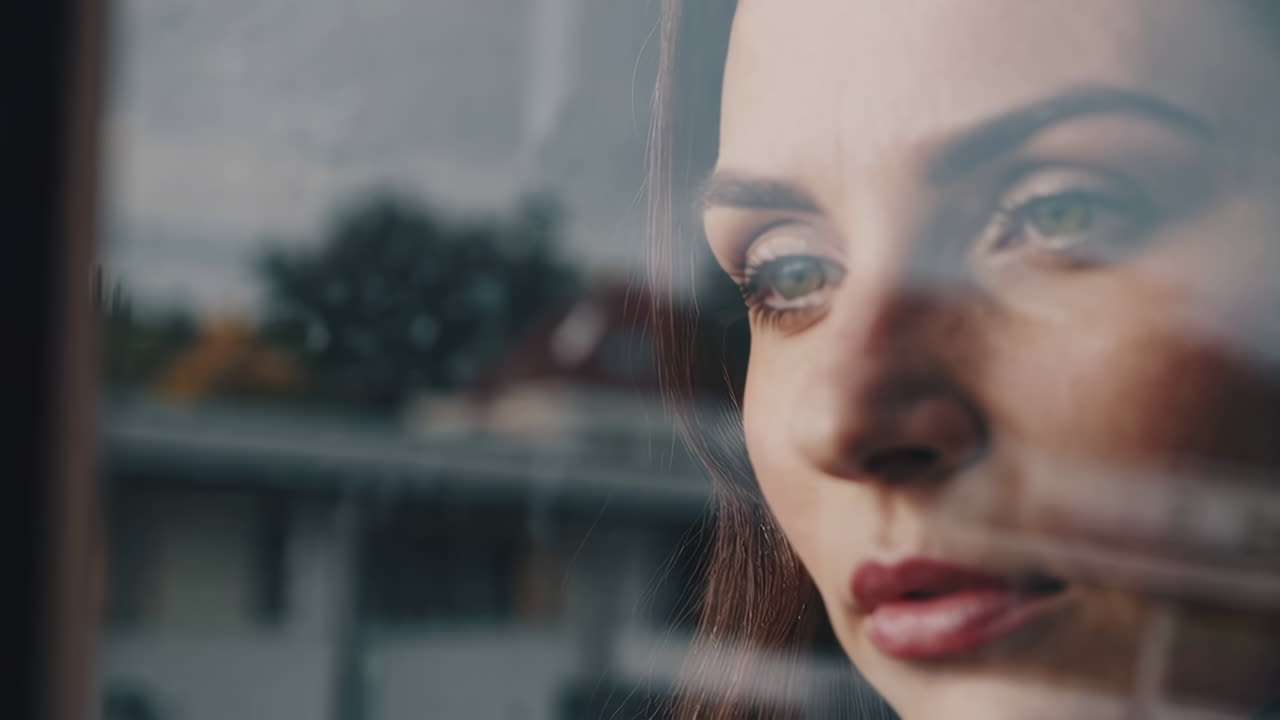 Close-up of a pensive woman looking through a window with reflections