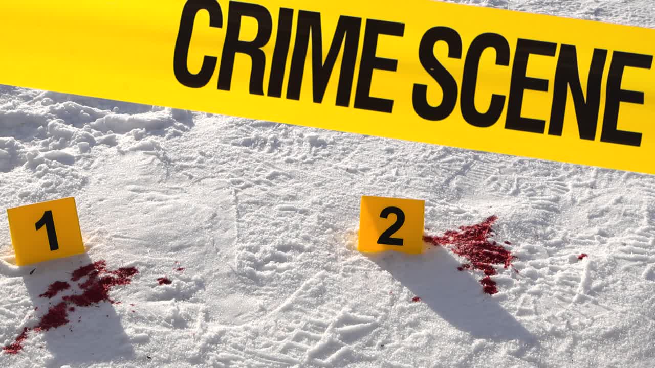 Slow move past backlit barrier reveals numbered markers and red stain on bright winter roadway