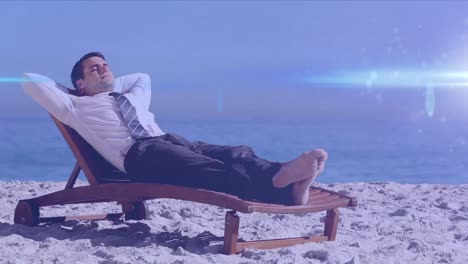 Animation-of-light-spots-over-caucasian-businessman-lying-at-beach