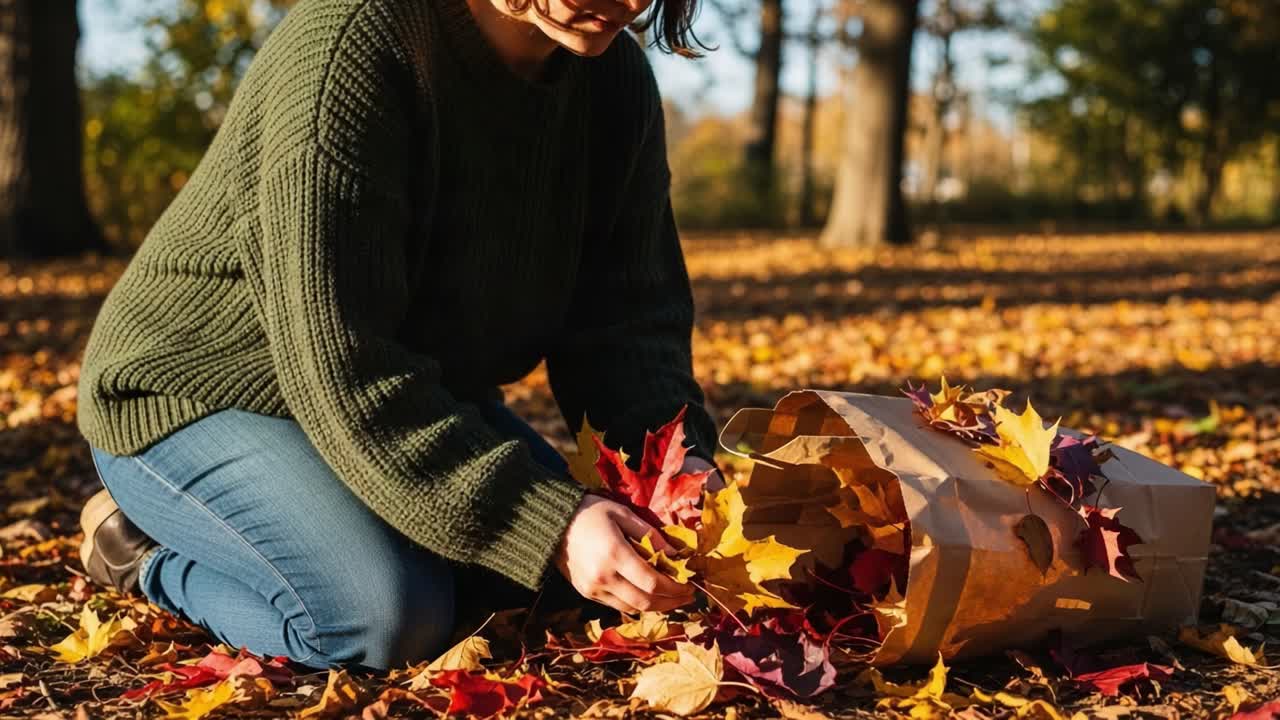 A Person Carefully Collects Vibrant Autumn Leaves from a Brown Paper Bag While Kneeling on a Carpet of Fallen Colors in a Serene Outdoor Setting