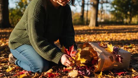 a person carefully collects vibrant autumn leaves from a brown paper bag while kneeling on a carpet of fallen colors in a serene outdoor setting