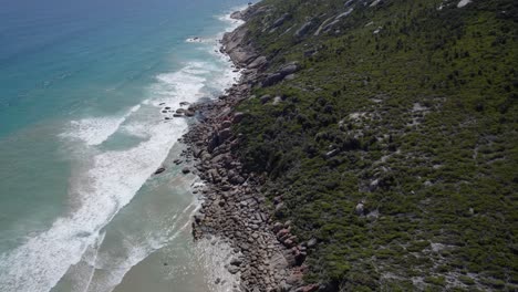 Rocky-Coast,-Whisky-Bay-At-Wilsons-Promontory-National-Park,-Victoria,-Australia---drone-shot