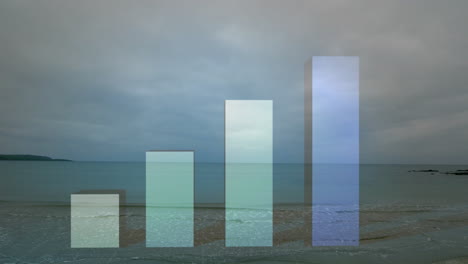 rising bar chart animation over serene ocean landscape at sunset