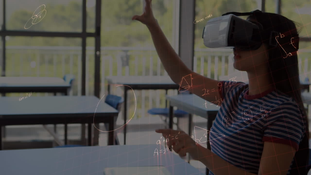 animación de ecuaciones matemáticas sobre una colegiala que lleva auriculares vr
