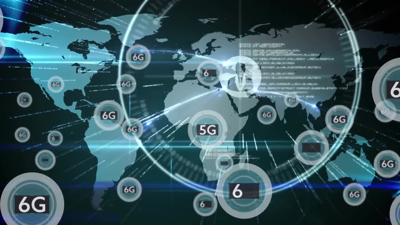 6g 텍스트, 연결 네트워크 및 세계 지도에 대한 데이터 처리의 애니메이션