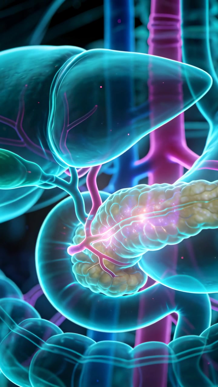 Vertical video: Animating pancreas, ducts glowing at junction, starting nodes flowing in 3D to show