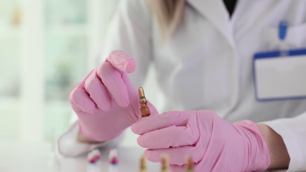 A scientist in pink gloves holding a medical ampule in a lab