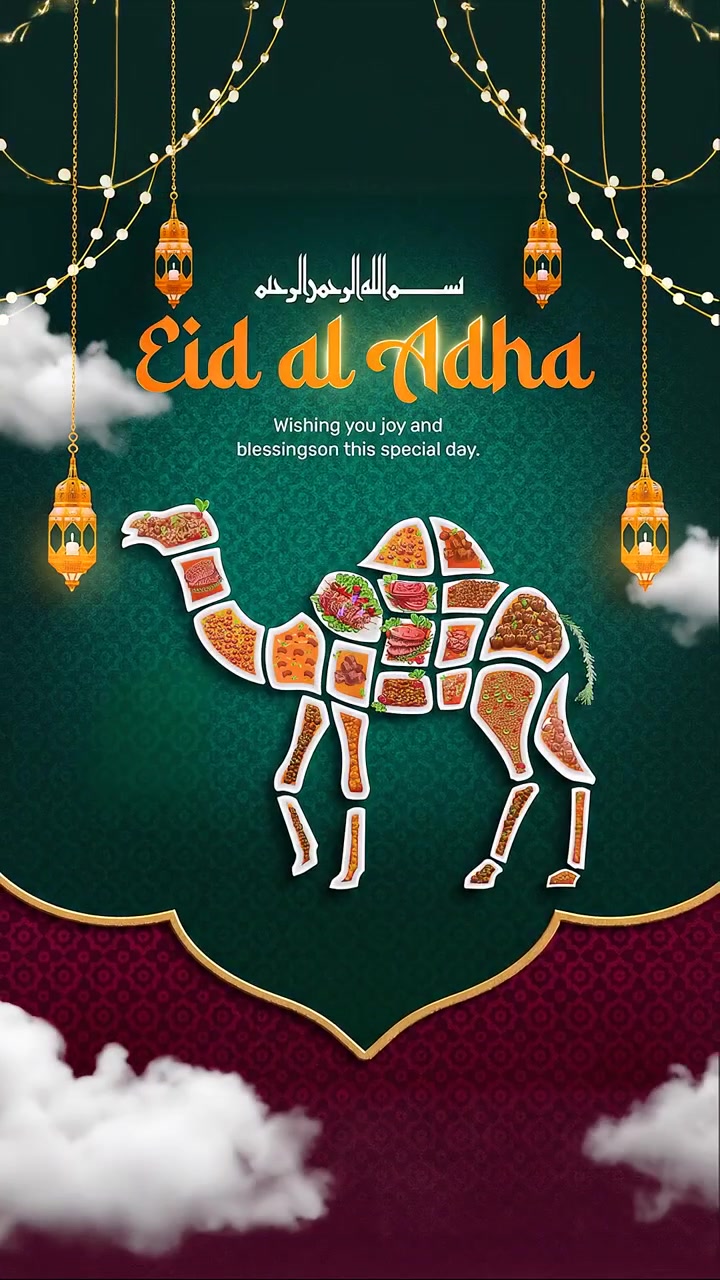 Design animazione banner di auguri Eid al Adha con cammello decorativo realizzato con illustrazioni di cibi festivi tradizionali