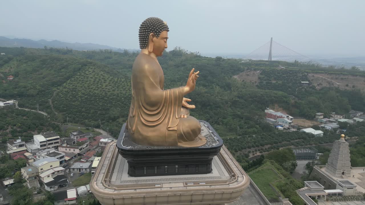 Aerial View of a Large Golden Buddha Statue in Taiwan