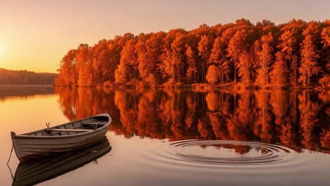 a serene sunset on a tranquil lake: a rowboat anchored amidst the vibrant autumn foliage, reflecting nature's beauty in the golden hour