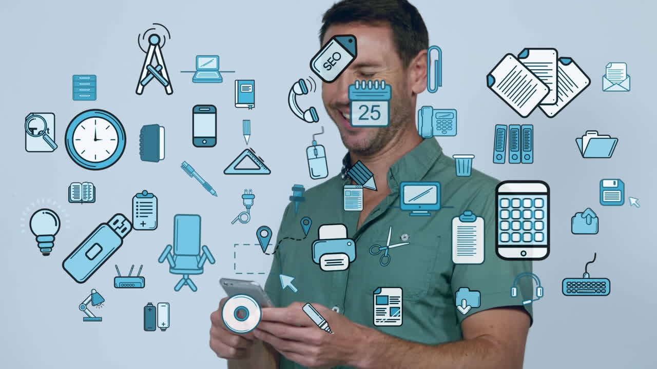 animación de iconos de negocios sobre hombre caucásico usando teléfono inteligente