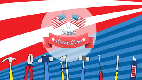 animation of happy labour day text over tools and american flag