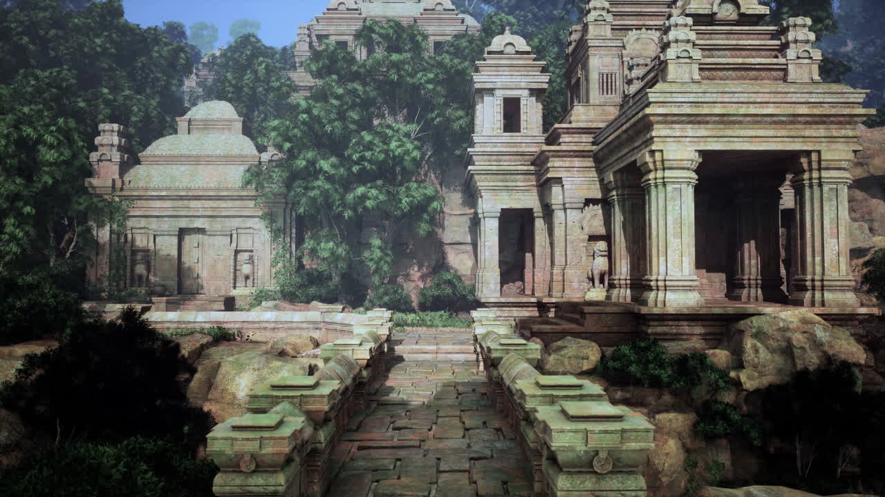 ruinas de templos antiguos rodeados de un denso bosque.