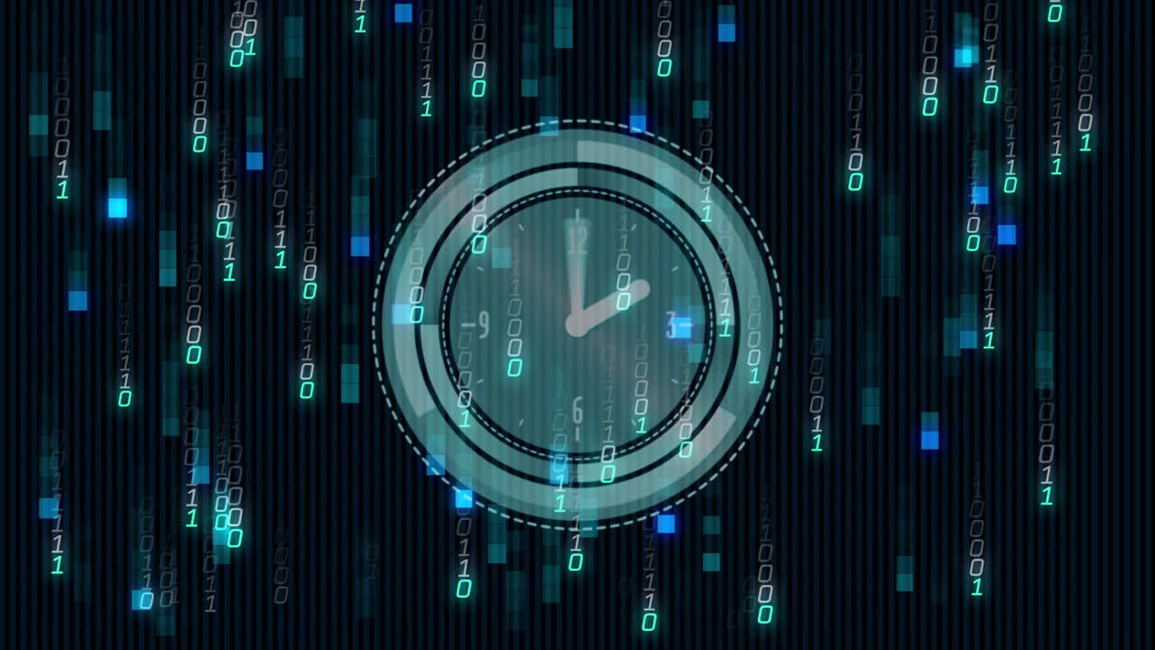 Digital clock animation over binary code and data stream background