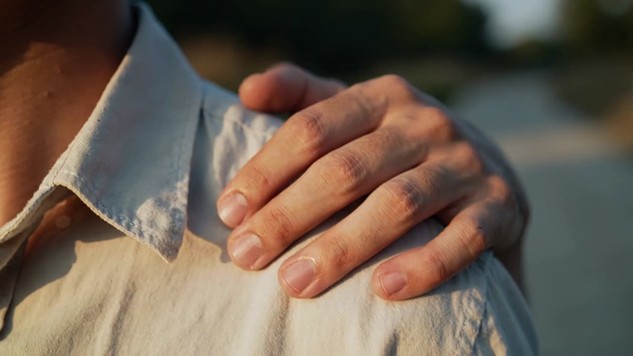 Entering right hand settling on shoulder wearing pale collared shirt, shoreline, offering comfort