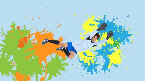 animation of football goalkeeper over colourful squiggles on blue background