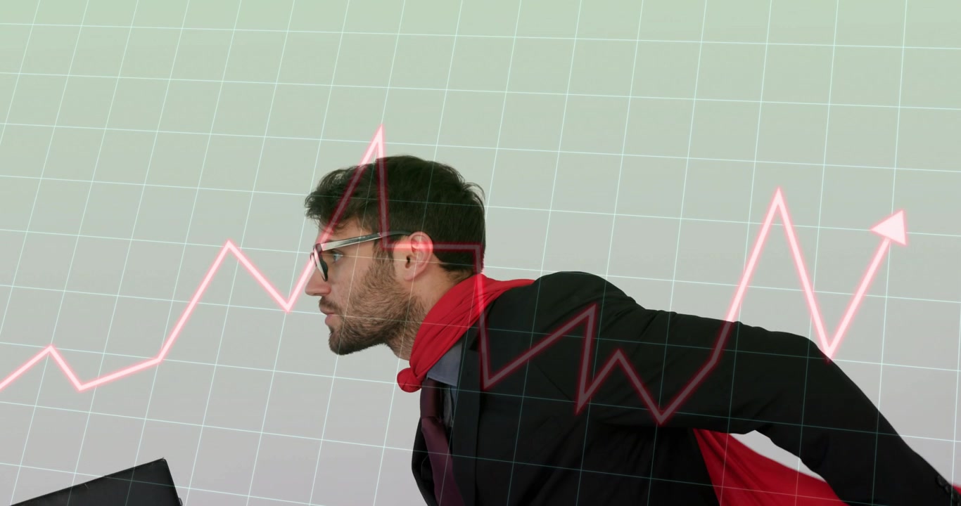 Homem entrando pela direita, inclinando-se e segurando uma pasta, com um gráfico rosa passando por ele, buscando o crescimento empresarial.