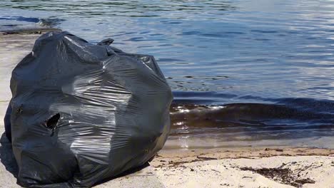 una bolsa de basura negra en la playa con aceite negro empapado de agua de mar corriendo por la orilla