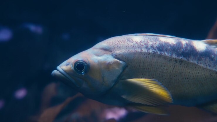 Close up of a colorful pacific rockfish swimming in the ocean