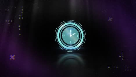 animación de un reloj que se mueve rápido y procesamiento de datos en fondo púrpura