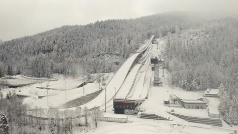 Empty-Medium-Ski-Slope-Used-for-World-Cup-Skiing---Zakopane-Drone-Aerial-Shot