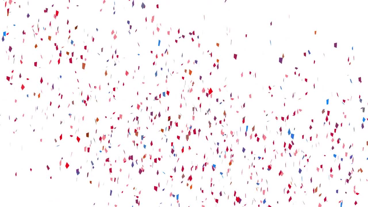 Animasi konfeti warna-warni berjatuhan di atas latar belakang putih.