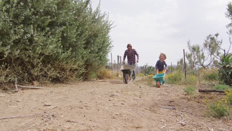 Glücklicher-Kaukasischer-Vater-Und-Sohn,-Die-Schubkarren-Schieben