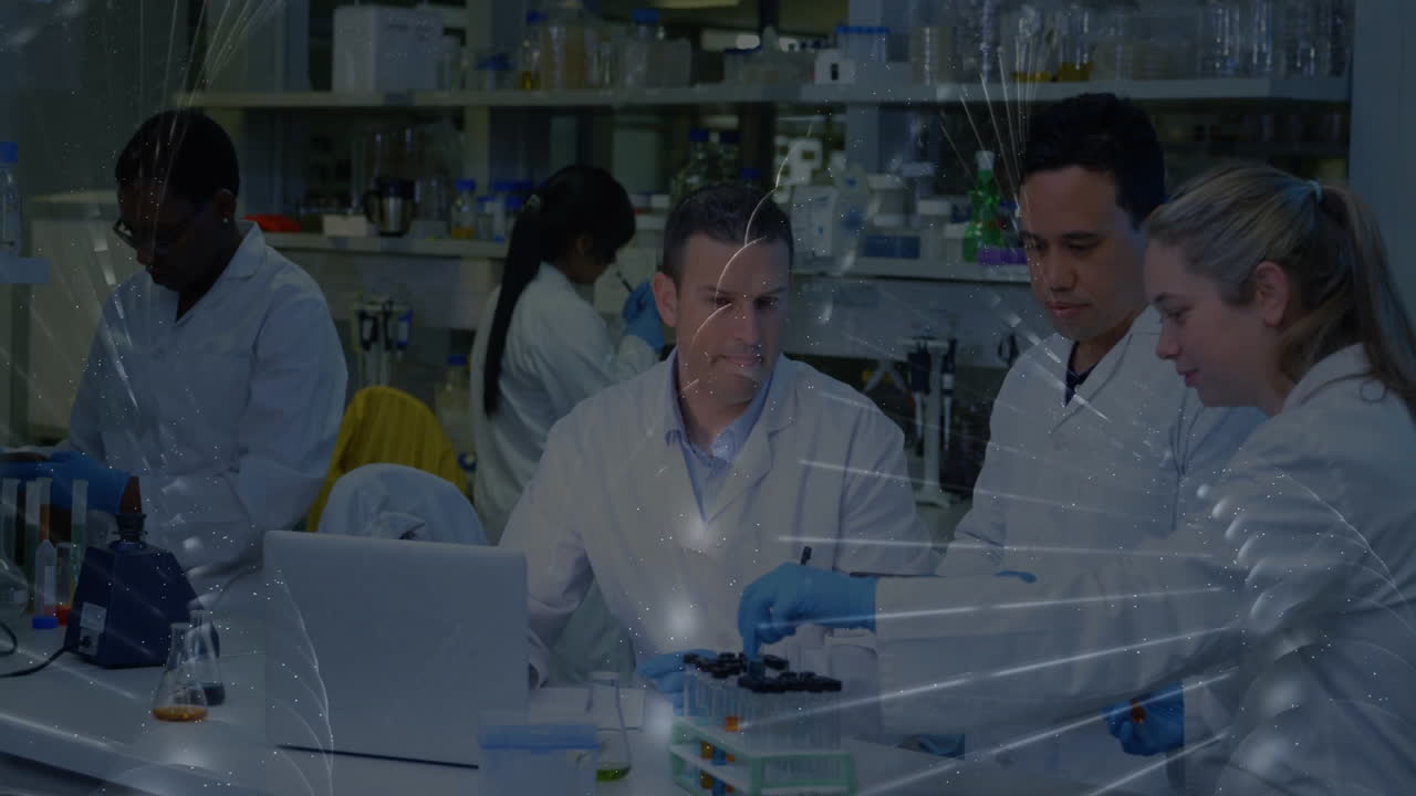 In lab, scientists conducting experiments with data processing animation overlay