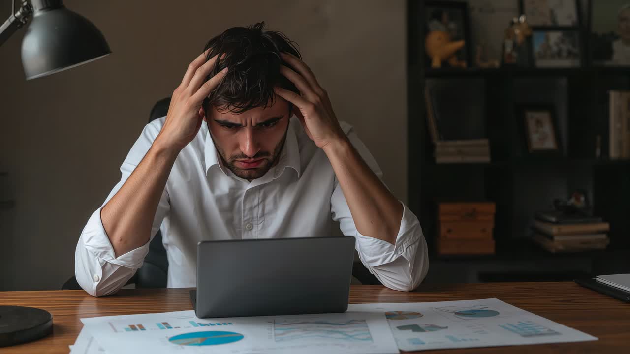 Analisi di grafici, uomo in camicia bianca seduto alla scrivania in ufficio con un laptop che si preme le mani tra i capelli