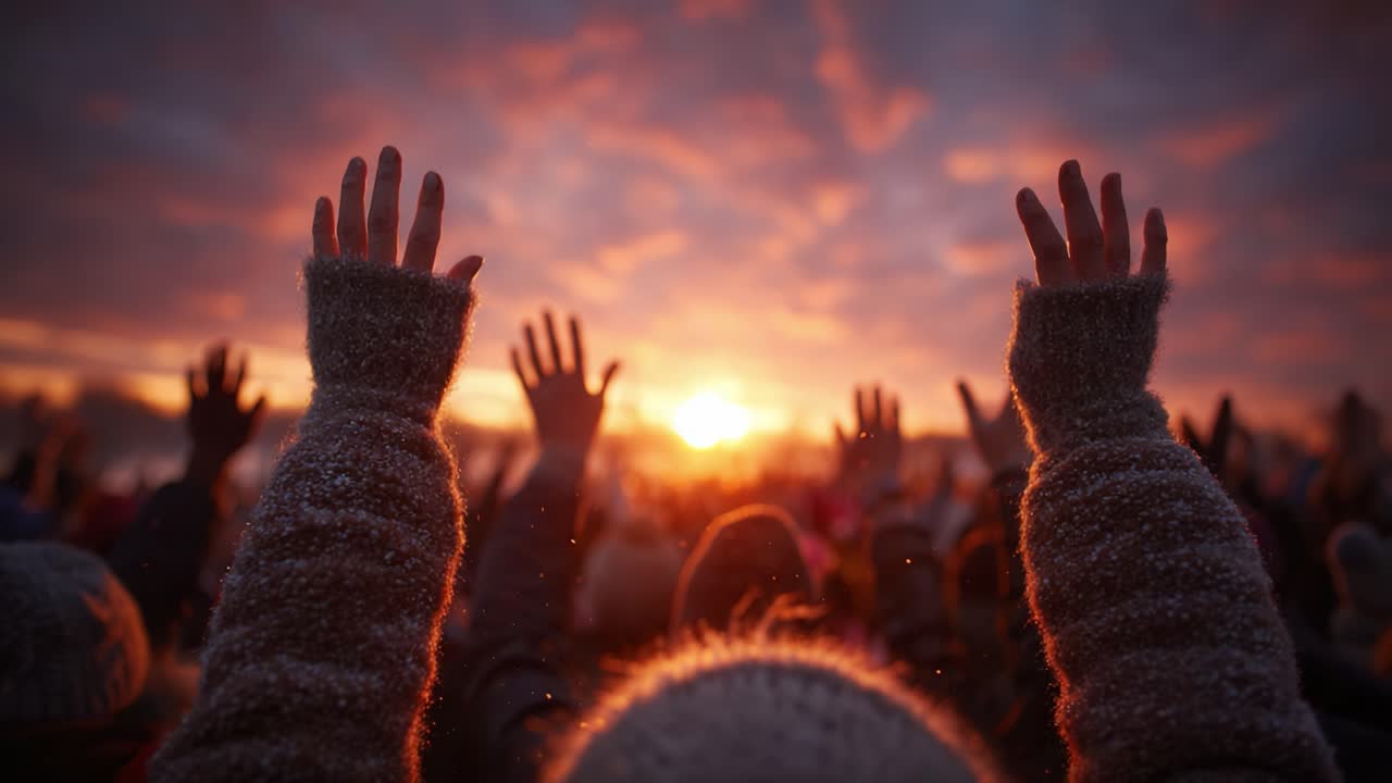 A Crowd's Collective Spirit: Hands Raised in Unison Against a Stunning Sunset Sky, Capturing the Energy and Connection of a Gathering in Celebration of Life