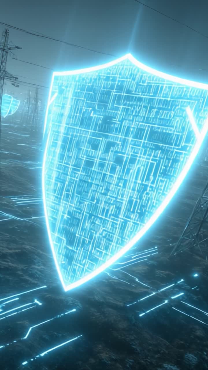 A futuristic digital landscape showcasing luminous shields with intricate circuitry designs, symbolizing protection and technology in an advanced virtual environment