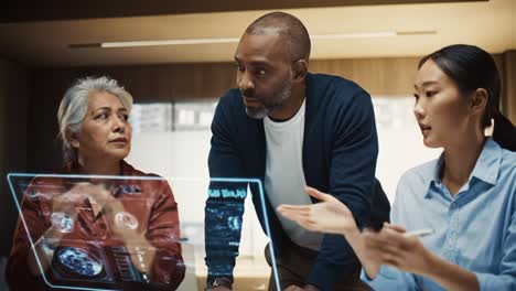 a dynamic workplace collaboration: team members analyzing data visualizations during a critical meeting session to drive innovations and solutions