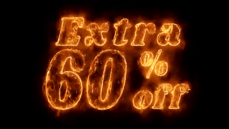 60% extra de descuento en palabras animadas calientes que queman un bucle de llamas de fuego realista.