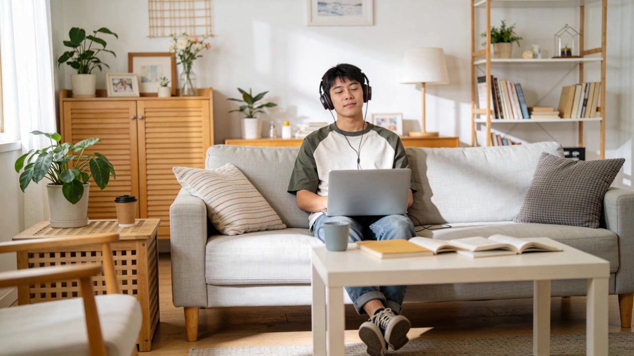 Starting student in raglan tee, jeans pausing, refocusing on laptop to study with headset on sofa