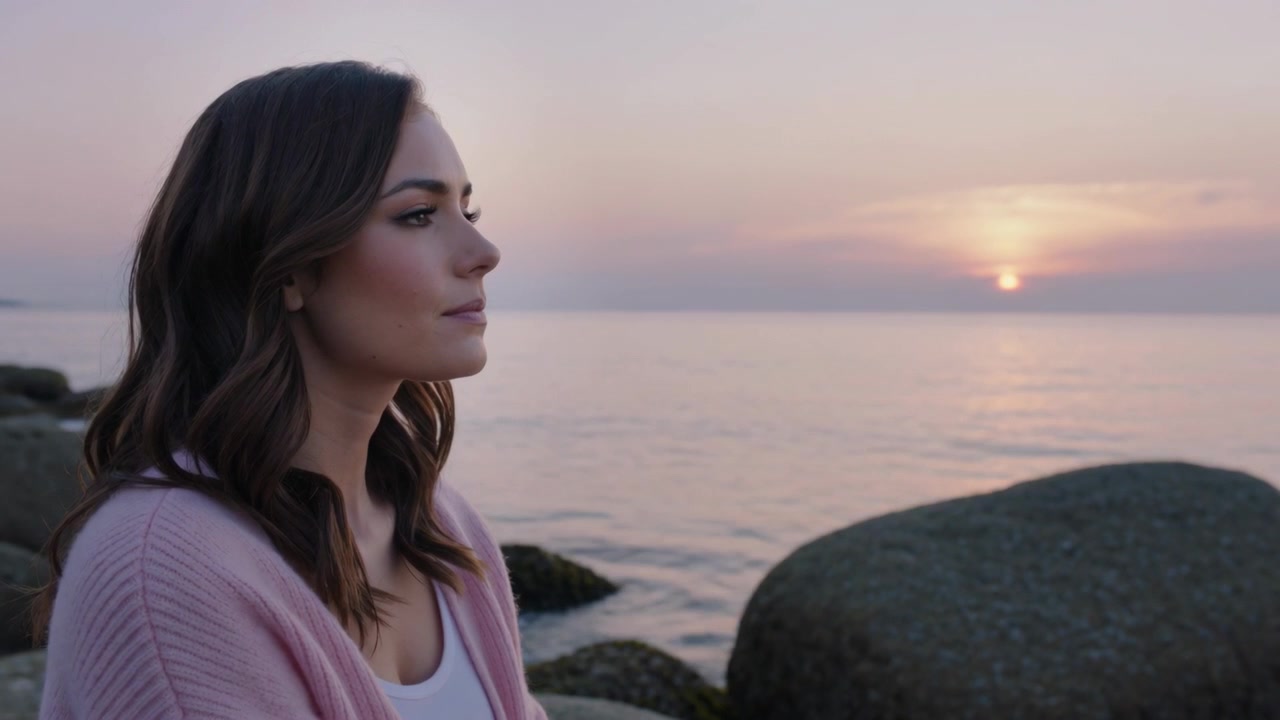 Mujer respirando, con cárdigan rosa, abriendo los ojos y contemplando el sol en una costa rocosa con una roca, con espacio para texto.