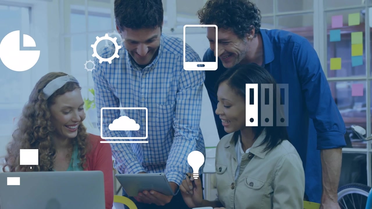 Animation of data processing over business people in office