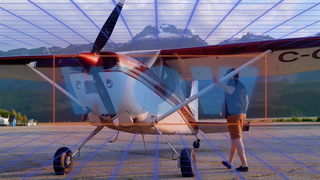 Small airplane on tarmac with WOW text animation over mountain backdrop