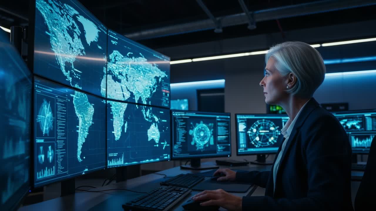 A focused professional analyzes complex data visualizations on multiple screens in a high-tech command center, emphasizing the importance of monitoring, strategy, and real-time information analysis for informed decisions