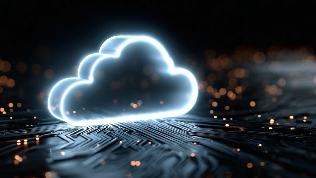 Un'icona a forma di nuvola luminosa illumina uno sfondo di circuiti stampati, rappresentando l'archiviazione di dati e la connettività nel regno digitale