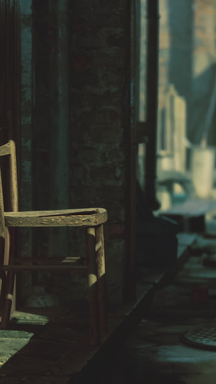 Abandoned alley with a wooden chair foreground during daylight hours